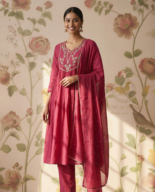 Mul chanderi A -line kurti Set with yoke work - Dusty Pink