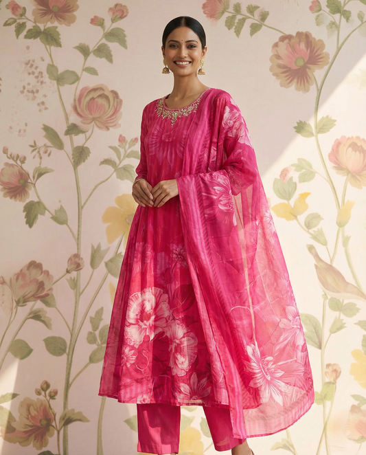 Crepe silk Straight cut kurti Set with yoke work - Pink