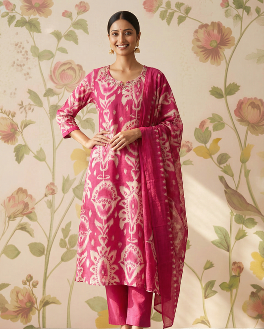 Mul chanderi printed Straight cut kurti Set with yoke work - Pink
