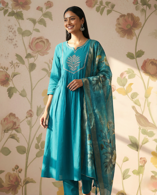 Mul Chanderi A-line Kurti Set with Yoke work - Blue