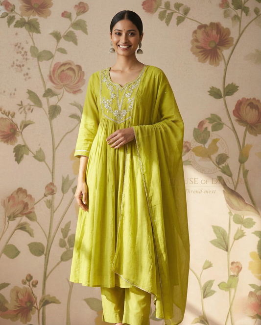Mul Chanderi A-line Kurti Set with Yoke work - Mehendi Green
