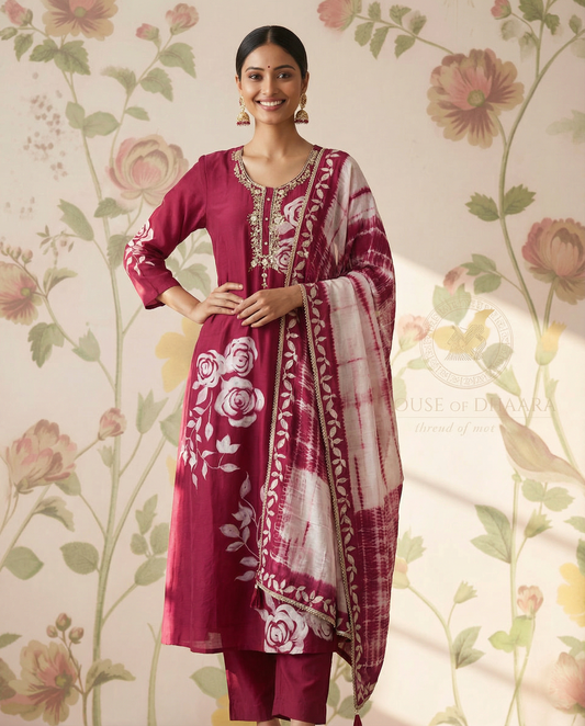 Pure Crepe printed Straight cut kurti set with Yoke work - Deep Pink