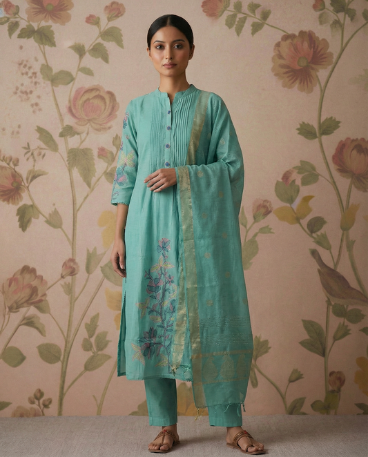 Chanderi Cotton A-Line kurti Set with Thread Embroidery - Sea Green