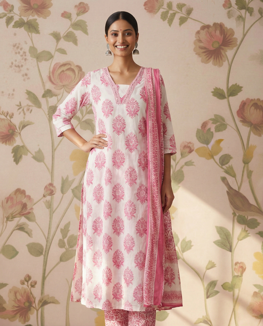 Jaipur cotton printed Straight cut kurti Set - White & Pink