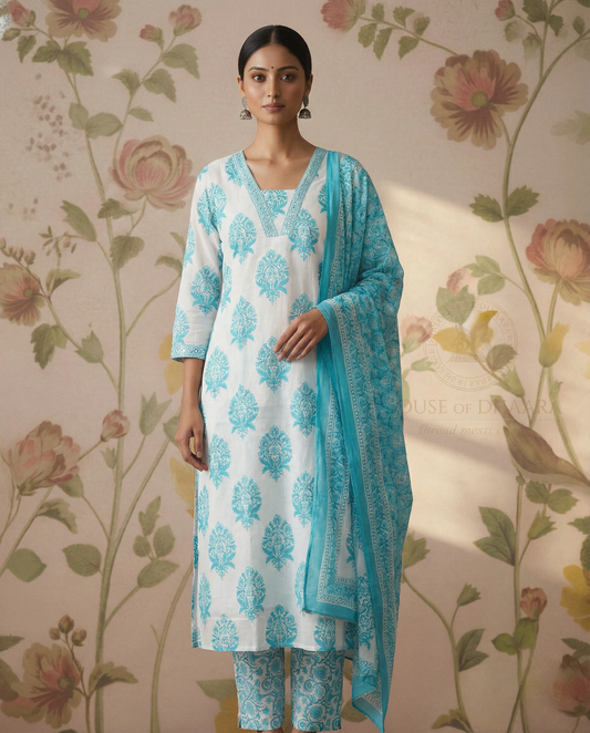 Jaipur cotton printed Straight cut kurti Set - White & Blue