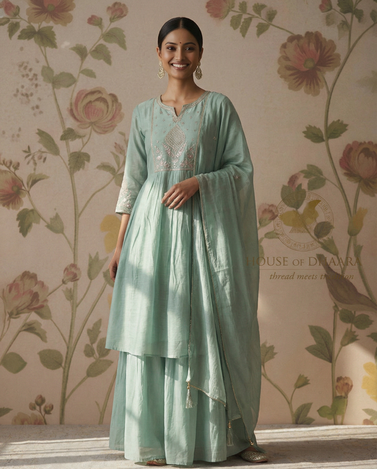 Mul chanderi Sharara kurti set with yoke & Sleeves work - Pastel Green