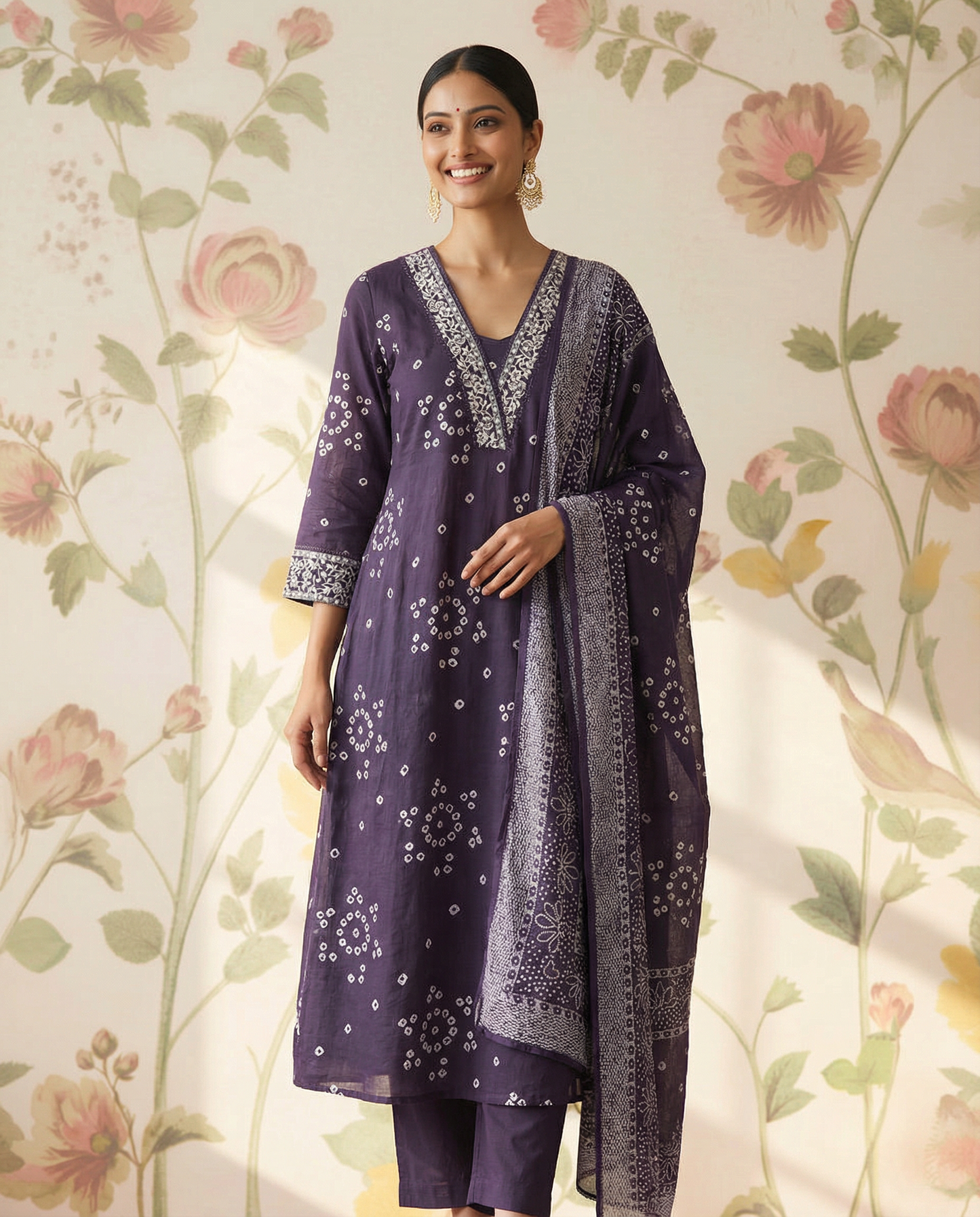 Cotton bandini print Straight cut Kurti set with neckline & sleeves embroidery - Dusty Purple