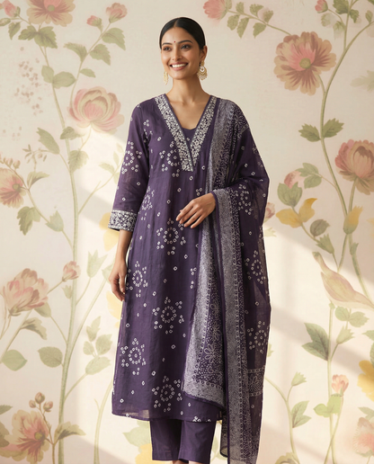 Cotton bandini print Straight cut Kurti set with neckline & sleeves embroidery - Dusty Purple