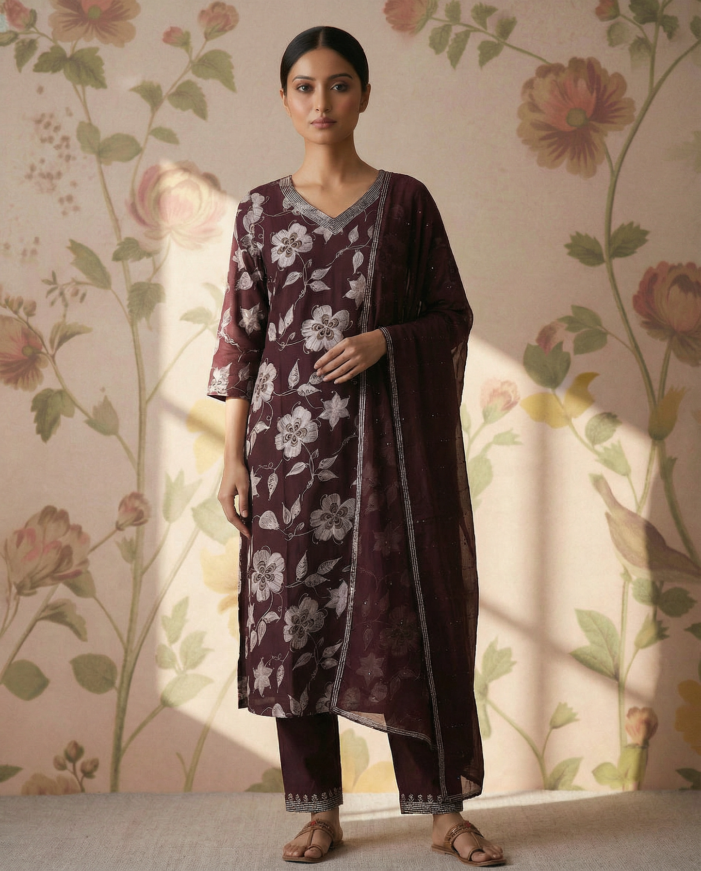 Viscose cotton Straight cut Kurti Set-Burgandy