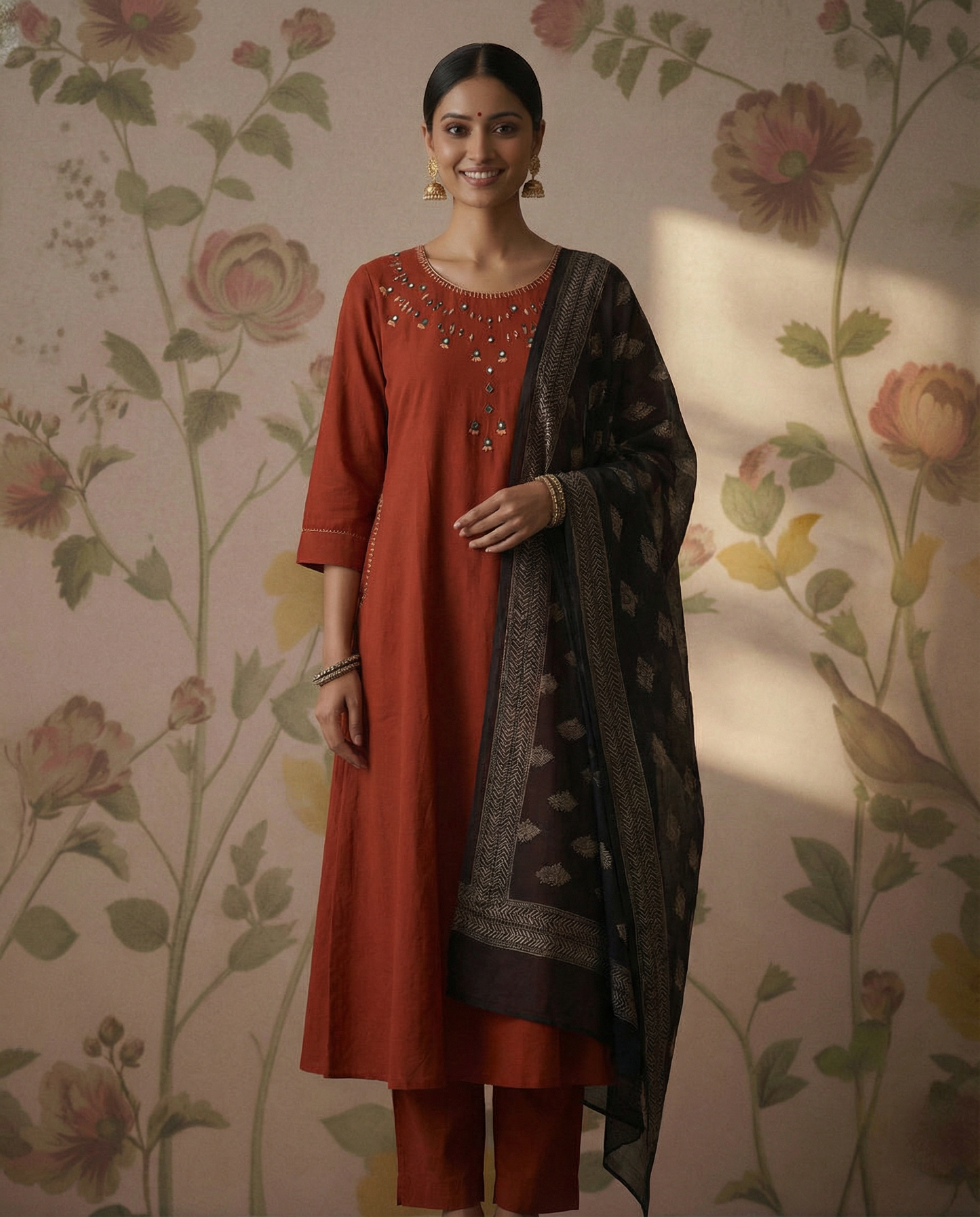 Cotton A-line Kurti Set & Contrast Kota Dupatta -Rust Orange