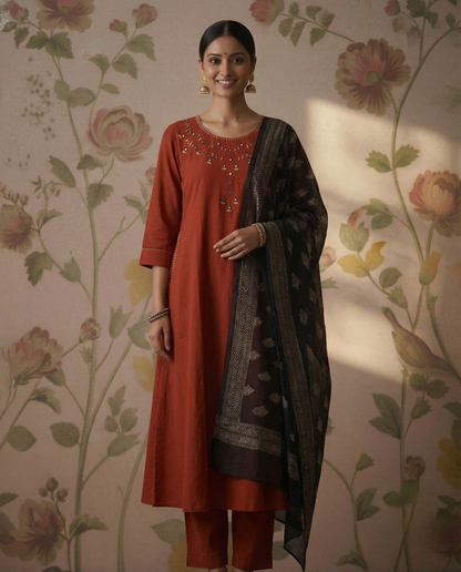 Cotton A-line Kurti Set & Contrast Kota Dupatta -Rust Orange
