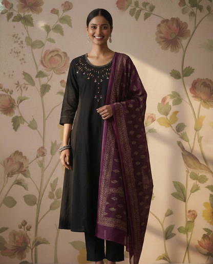 Cotton A-line Kurti Set with contrast Kota Dupatta - Black