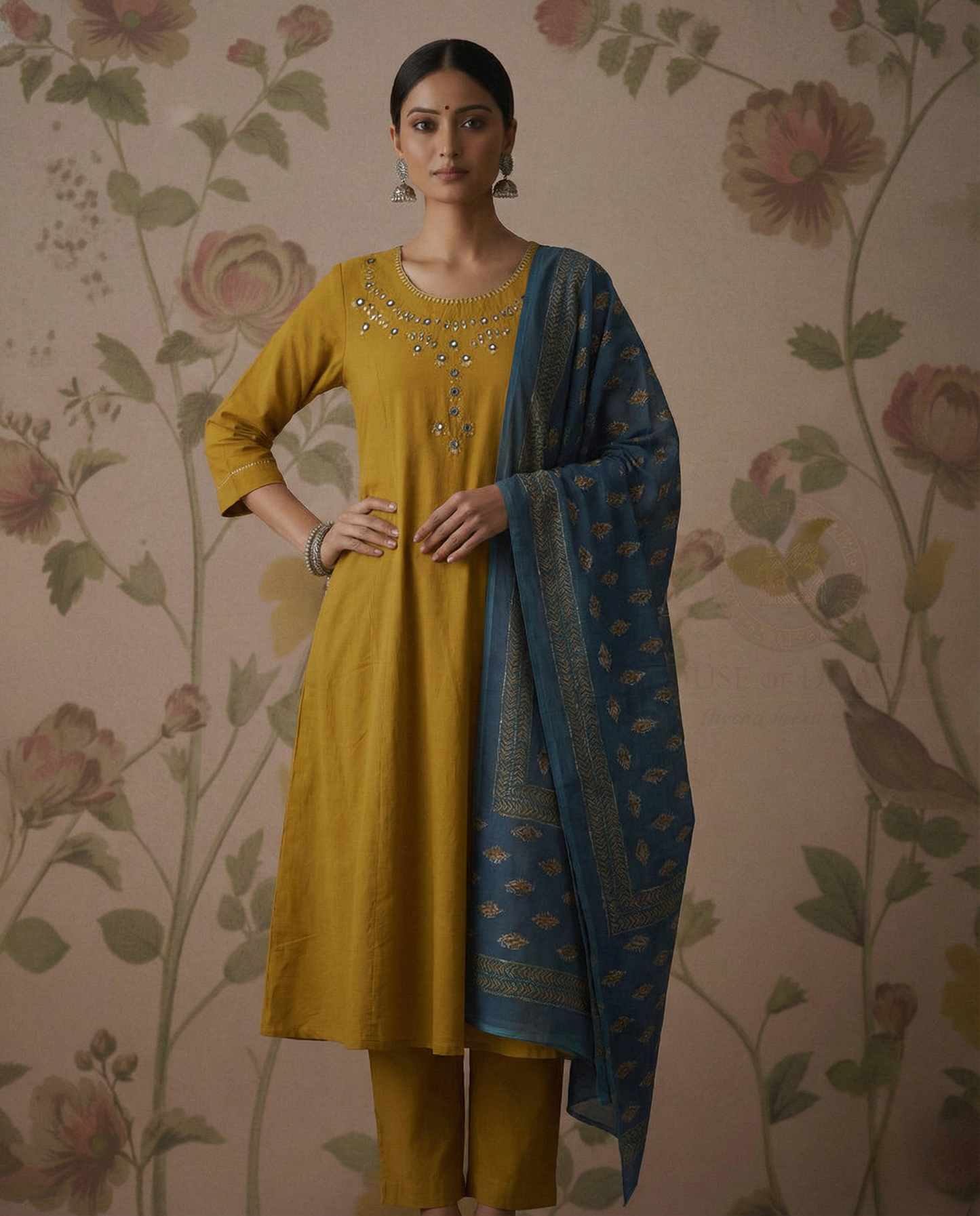 Cotton A-line Kurti Set with contrast Kota dupatta - Mustard Yellow