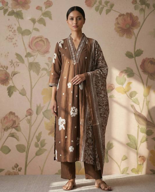Cotton A-line kurti set with neckline embroidery - Brown