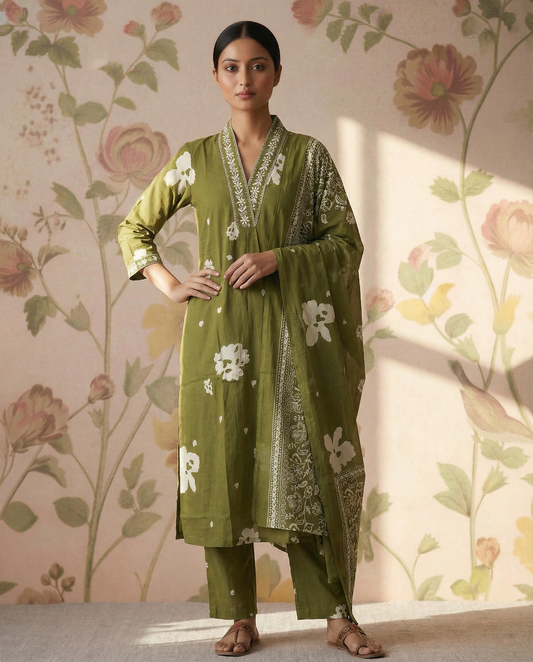 Cotton A-line kurti set with neckline embroidery - Green