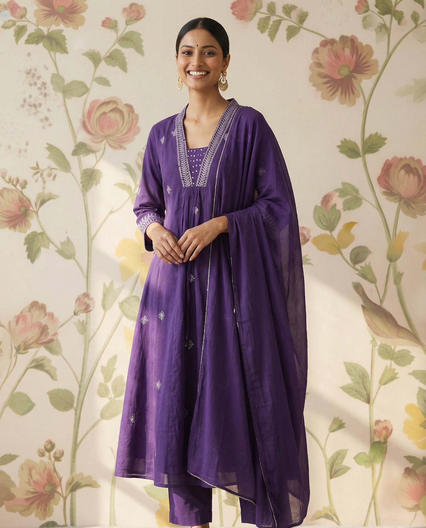 Cotton A-line kurti set with neckline embroidery A - Purple