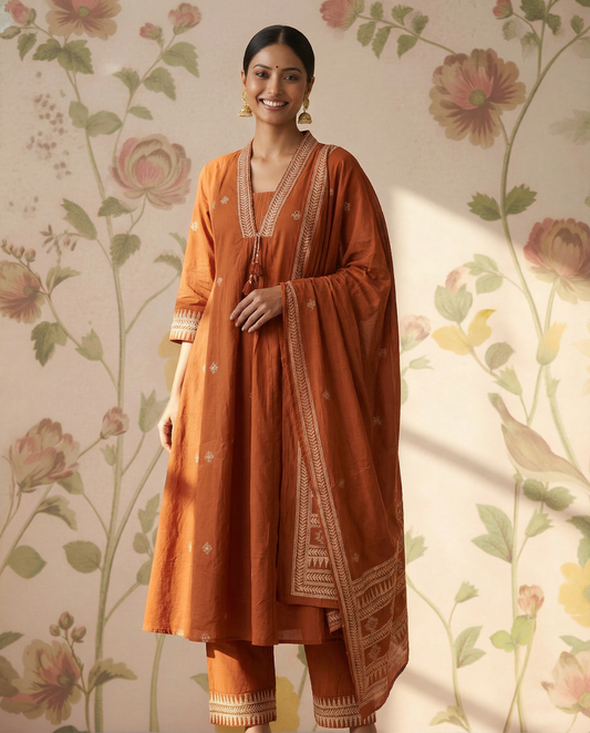 Cotton A-line kurti set with neckline embroidery - Rust Orange