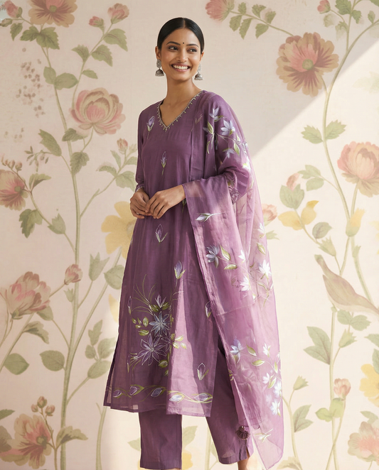 Mul Chanderi straight cut kurti Set with Hand Paint and work - Purple