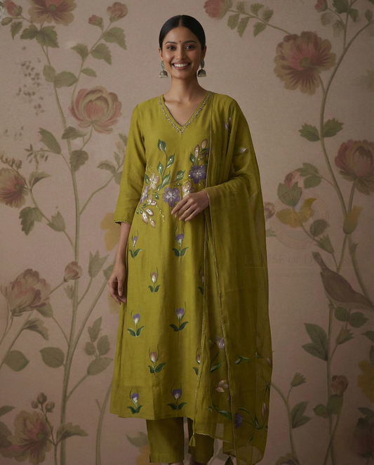 Mul Chanderi straight cut kurti Set with Hand Paint and work - Mehendi Green