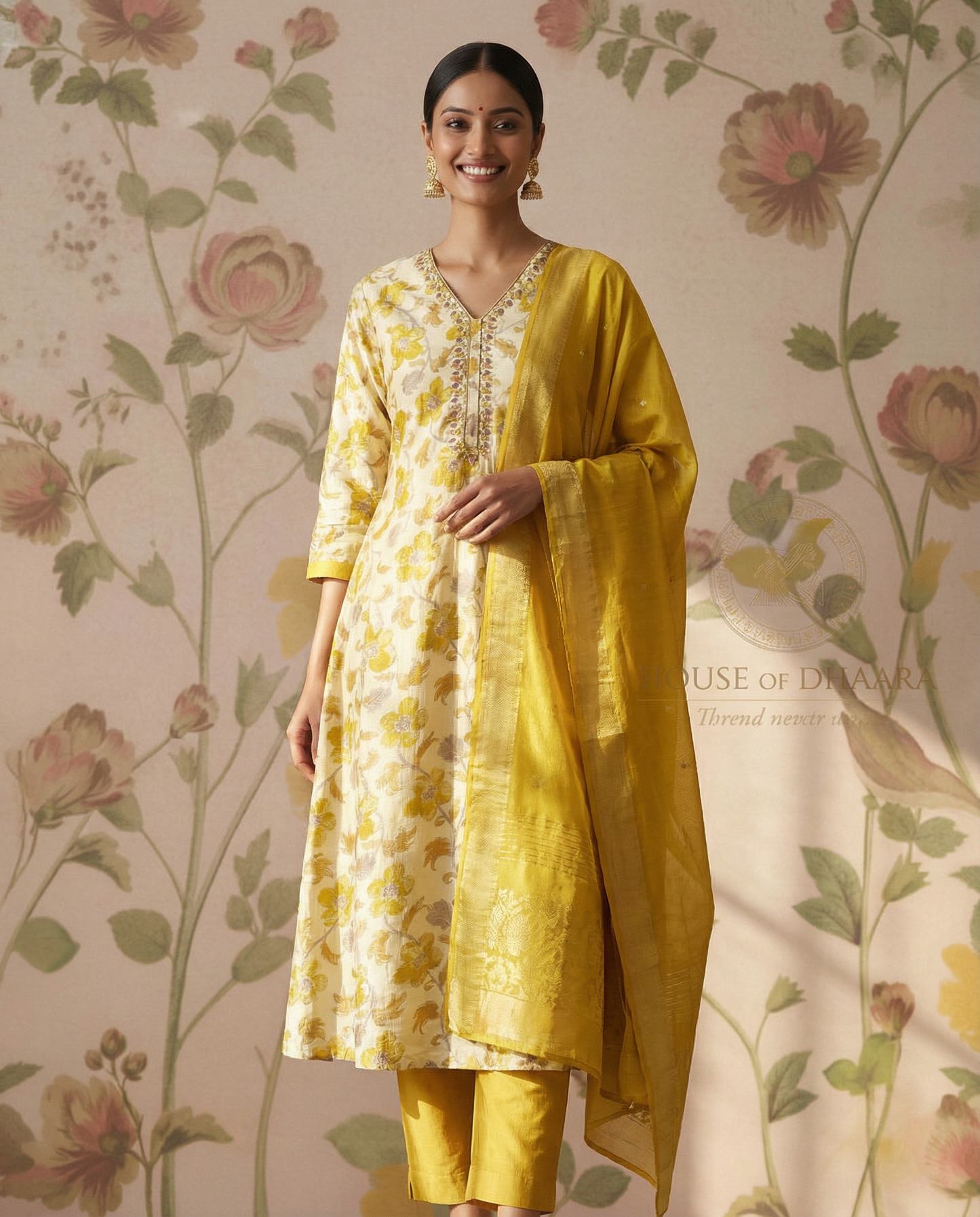 Cotton Straight cut Kurti Set with Neck line work - Cream & Yellow