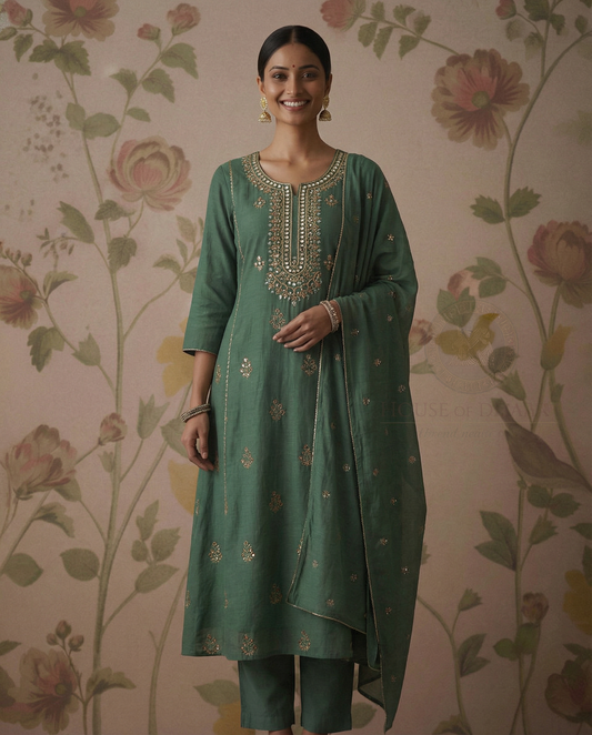 Cotton Straight cut Kurti Set with yoke embroidery - Dusty Green