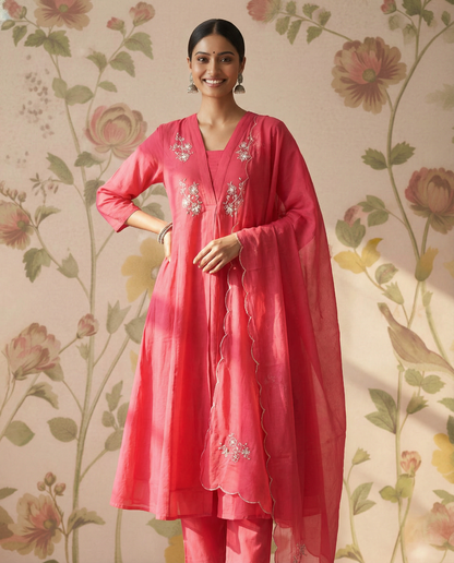 Mul Chanderi A-line kurti set with yoke work