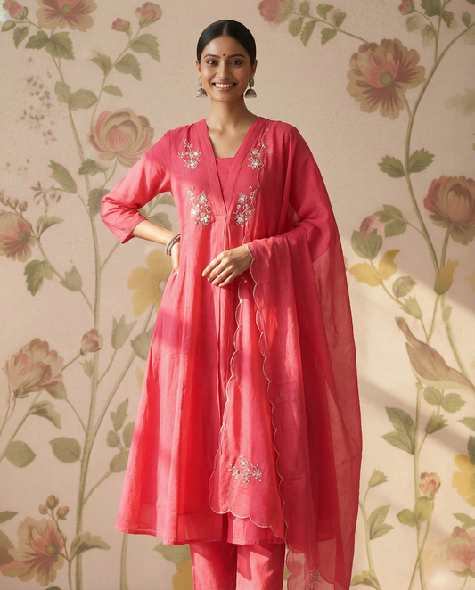 Mul Chanderi A-line kurti set with yoke work