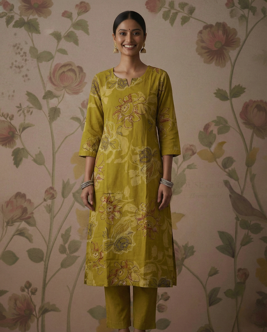 Rayon Straight Cut printed Cood set - Mehendi Green