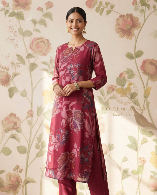 Rayon Straight Cut printed Cood set - Pink