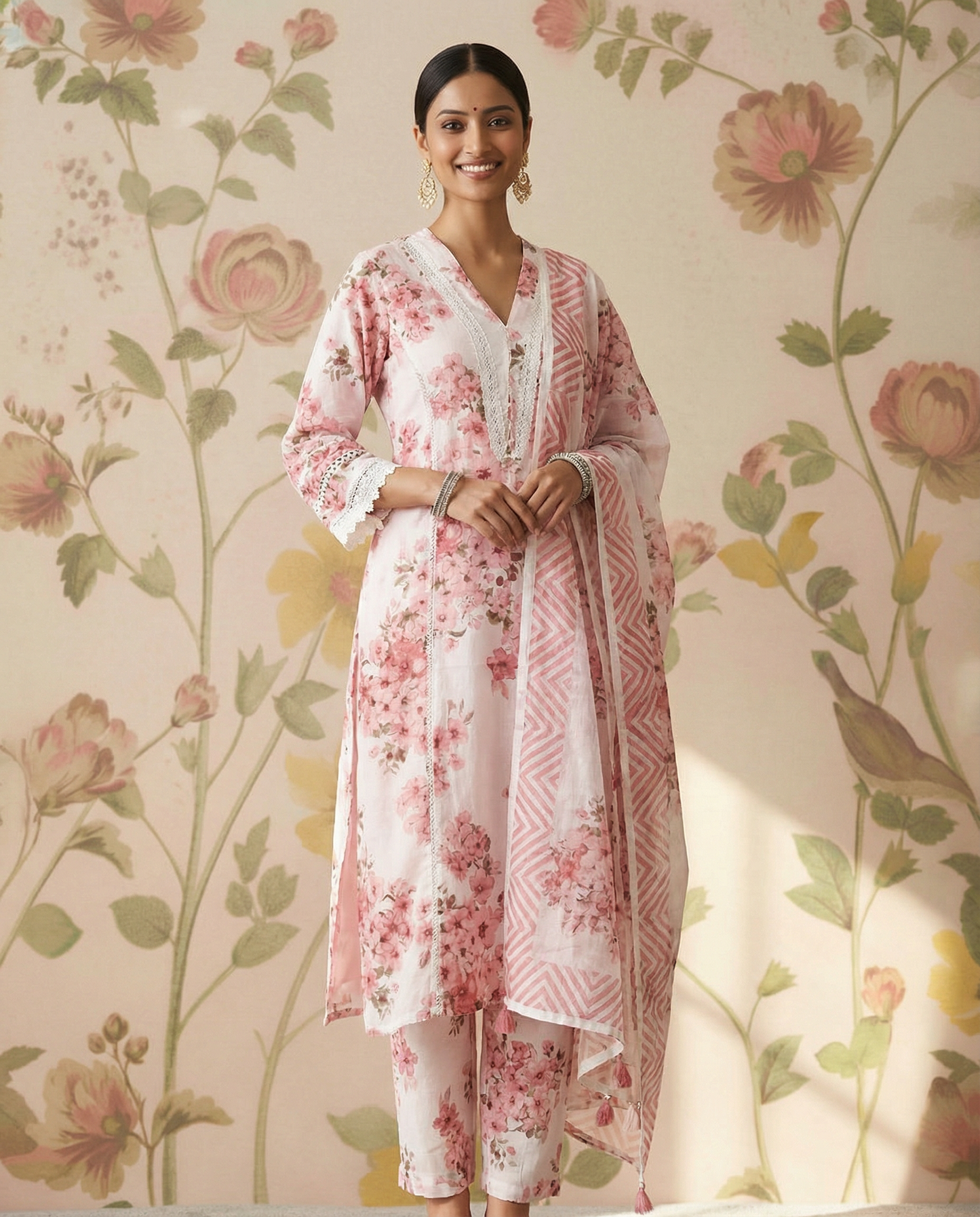 Premium cotton printed Straight cut Kurti Set with lace design