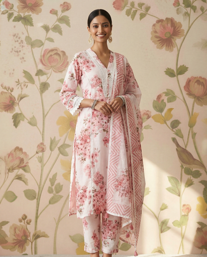 Premium cotton printed Straight cut Kurti Set with lace design
