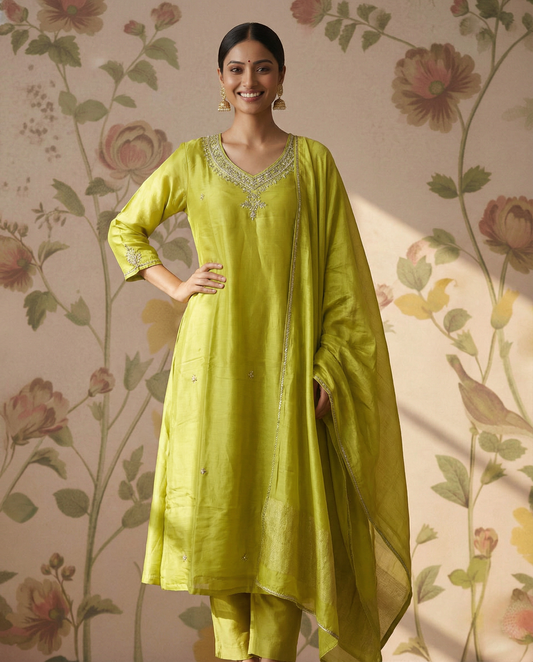 Lemon Yellow Soft tissue Straight cut Kurti set with Necklinke work
