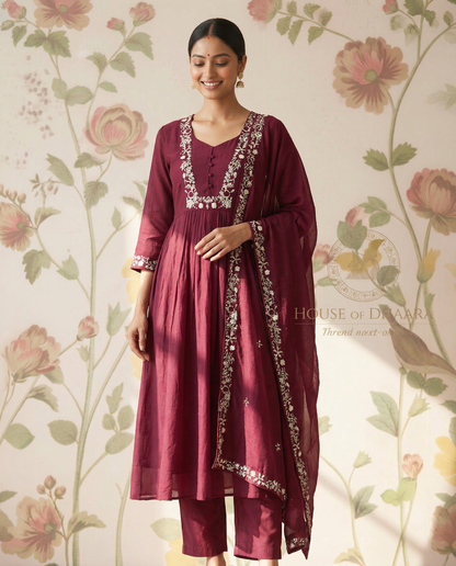 Mul chanderi A-line kurti set with yoke work - Burgandy