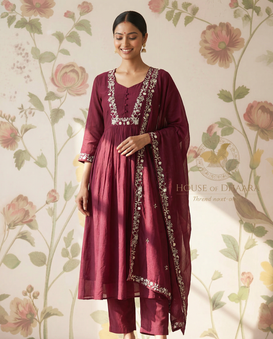 Mul chanderi A-line kurti set with yoke work - Burgandy