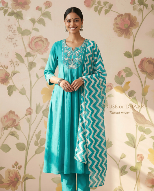 Mul chanderi A-line kurti set with yoke work - Turquoise