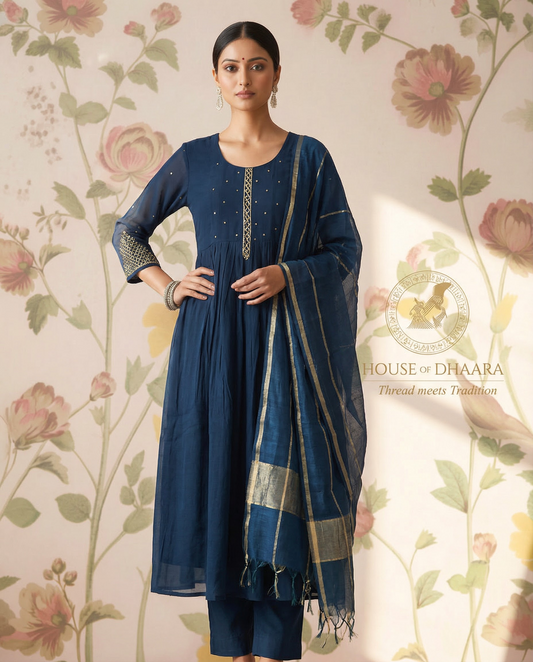 Mul chanderi A-line kurti set with yoke & sleeves work - Deep Teal Blue