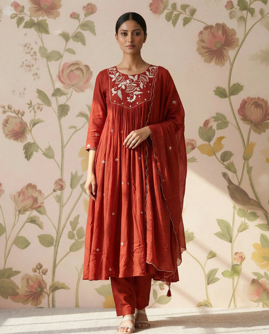 Rust Orange Mulchanderi Kurti Set