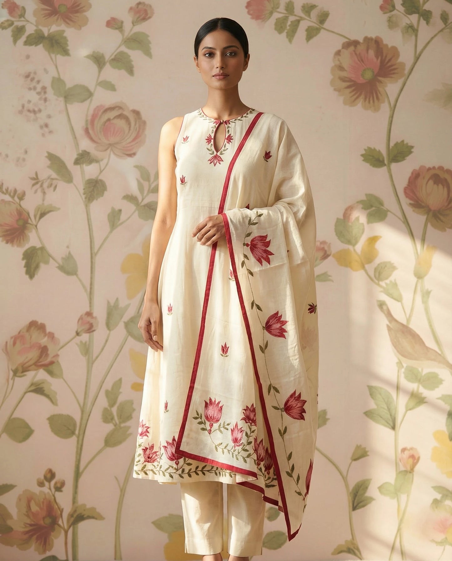 Cream Color Chanderi Kurti Set(Sleeveless)
