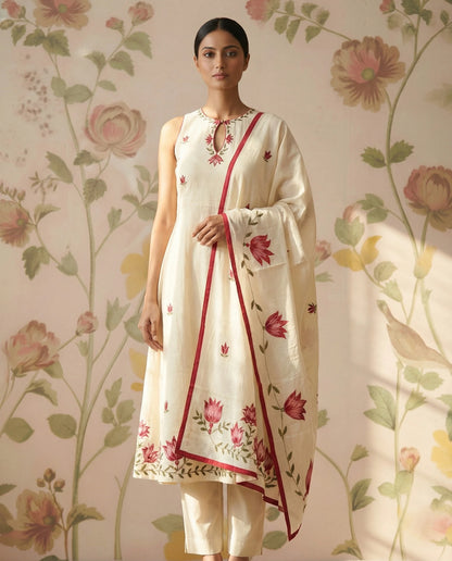 Cream Color Chanderi Kurti Set(Sleeveless)