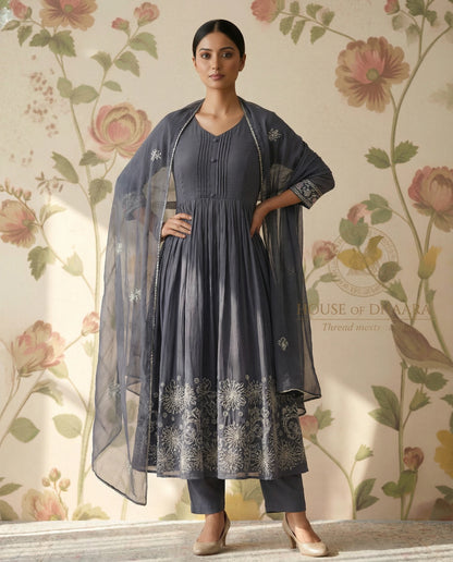 Grey Mulchanderi Kurti Set