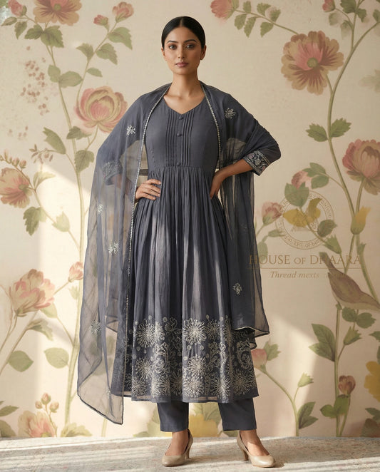 Grey Mulchanderi Kurti Set