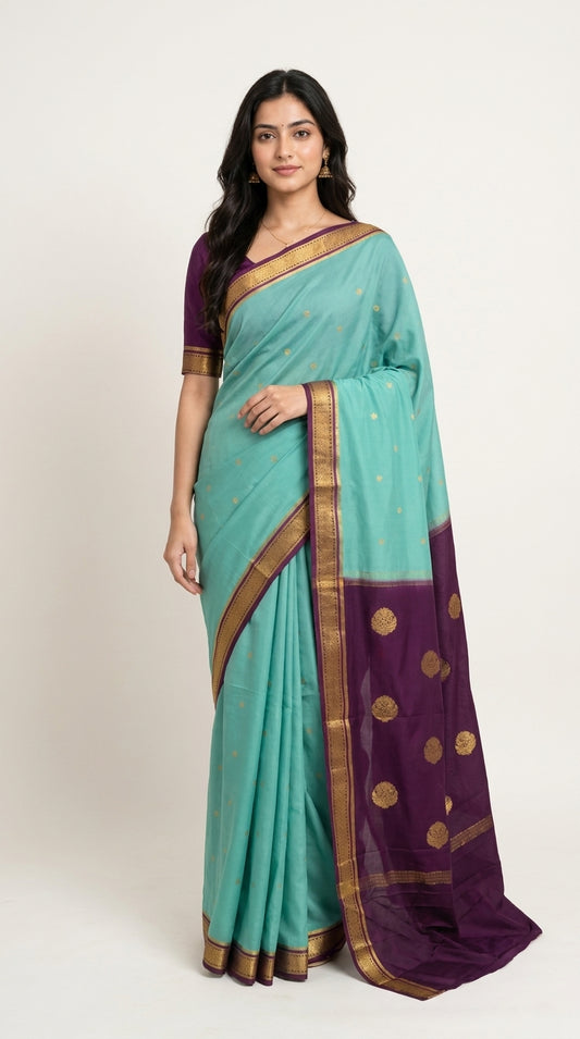 Premium Mysore Crepe With Contrast Khadi Border