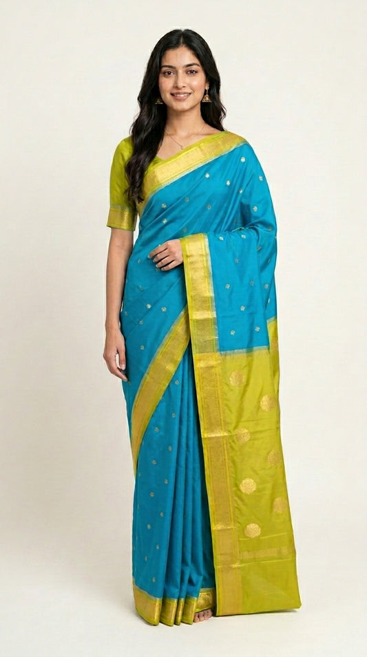 Premium Mysore Crepe With Contrast Khadi Border