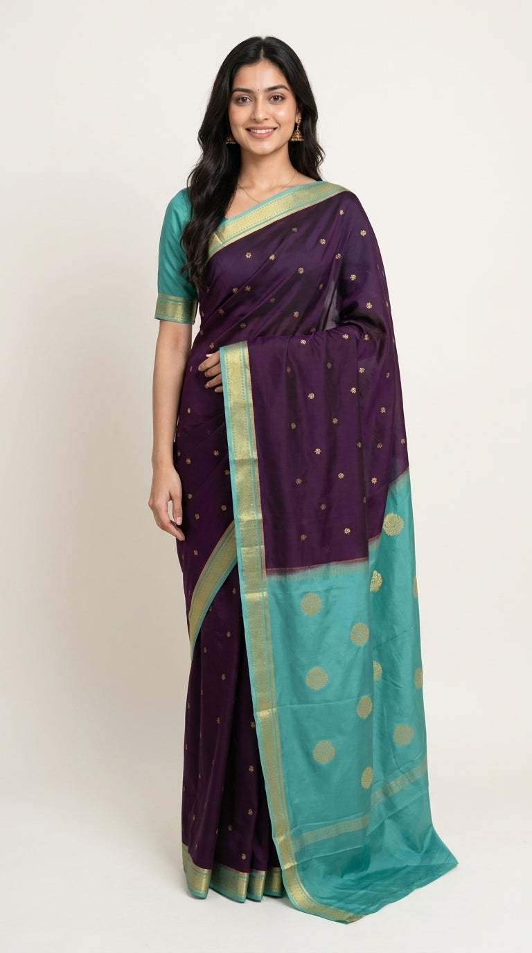 Premium Mysore Crepe With Contrast Khadi Border