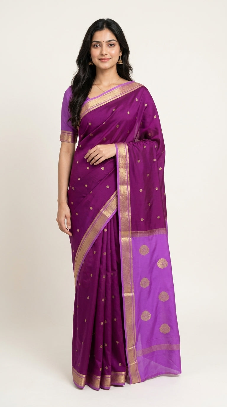 Premium Mysore Crepe With Contrast Khadi Border