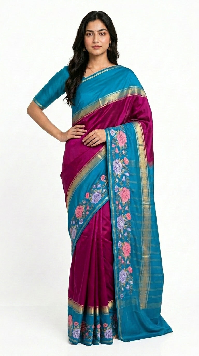 Premium Mysore Crepe With Embroidery Border
