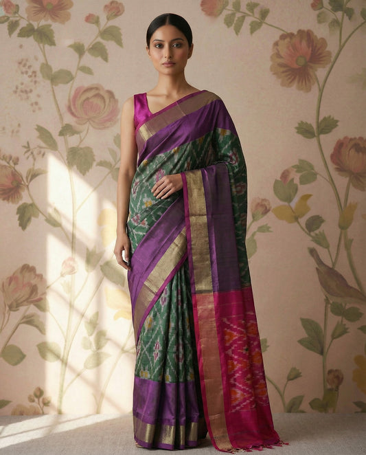 Venkatagiri Sico Pattu - Dark Green & Rani Pink