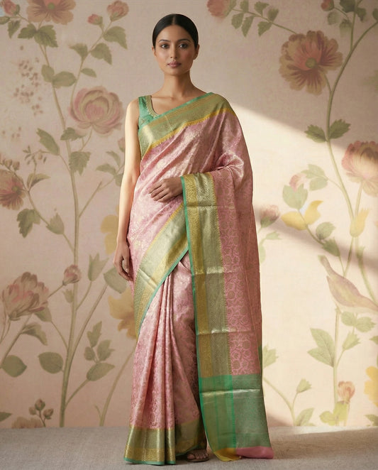 Soft silk Brocade Saree-Pink with yellow/green border