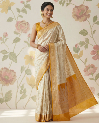 Half White Pure Banarasi Mashru Katan Saree with Yellow border