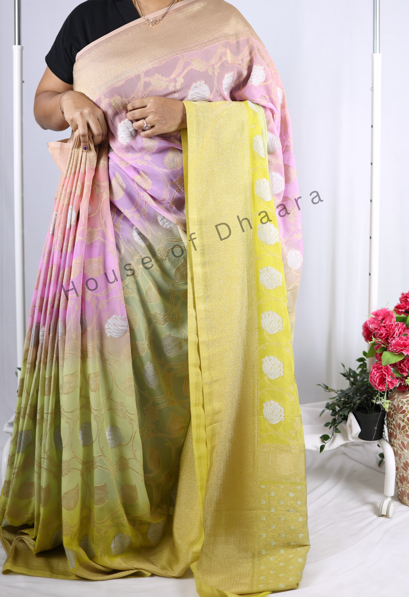 Yellow, Pink & Lavender 4D Georgette Saree